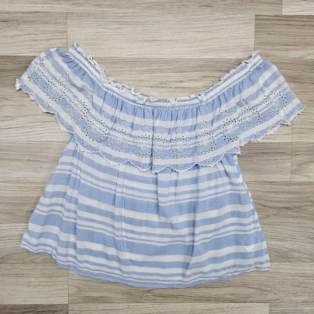 AMERICAN EAGLE Womens Blue White Stripe Ruffle Boat Neck Flowy Blouse Large
